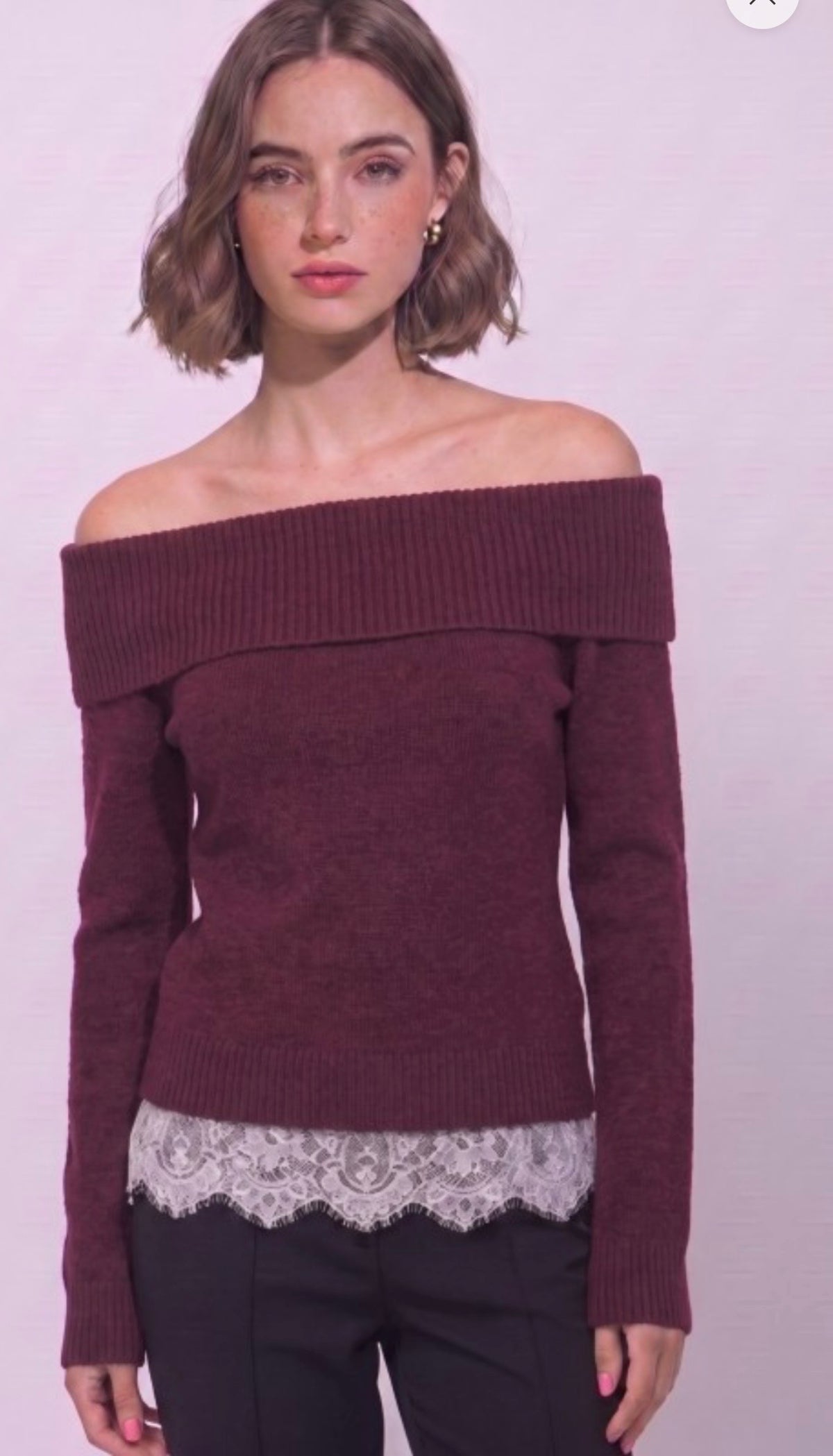 Off the Shoulder Lace Trim Knit Top