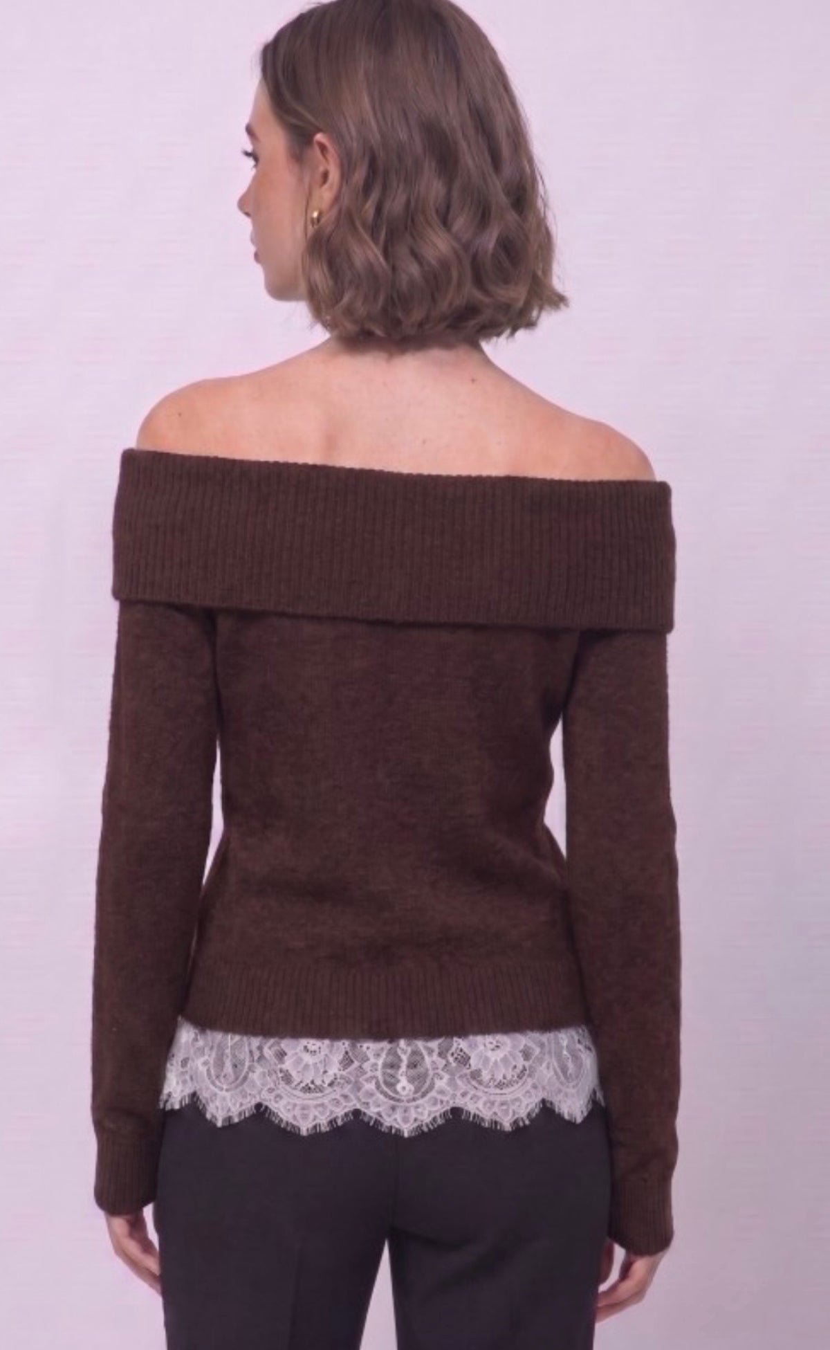 Off the Shoulder Lace Trim Knit Top