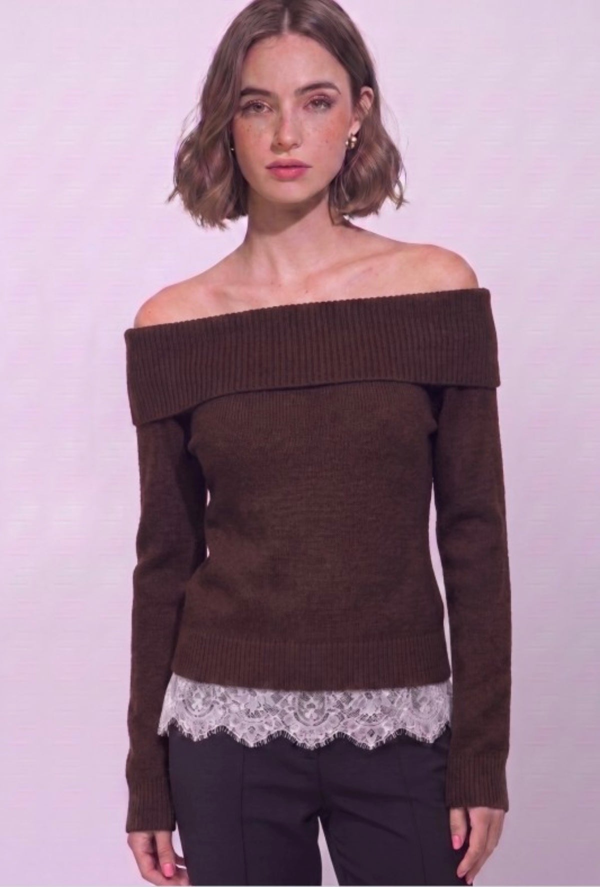 Off the Shoulder Lace Trim Knit Top
